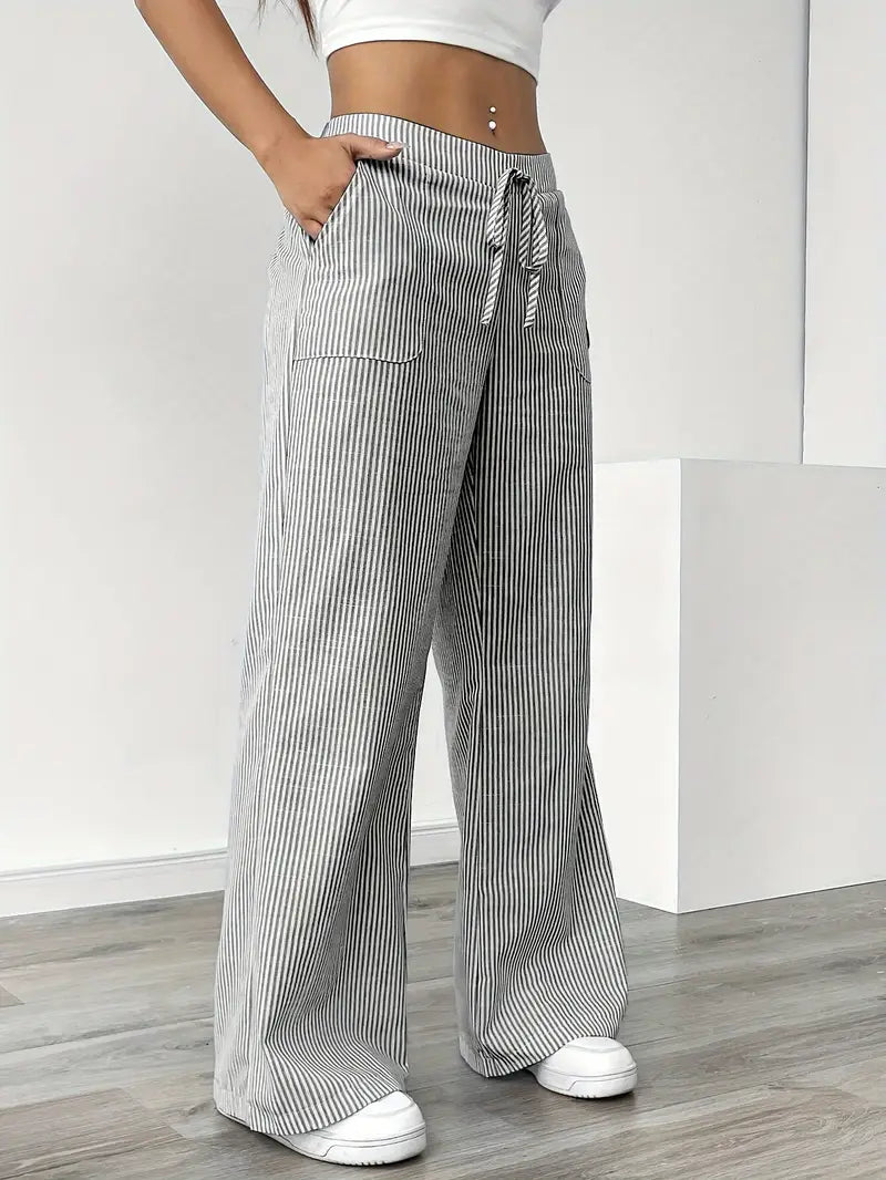 Anna™  Eleganckie Spodnie w Paski z Kieszeniami