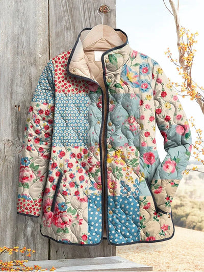 Kobiecą Vintage Urokliwą Kwiatową Kurtkę Casual Pikowaną