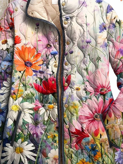 Kobiecą Vintage Urokliwą Kwiatową Sztukę Drukowaną Casual Pikowaną Kurtkę