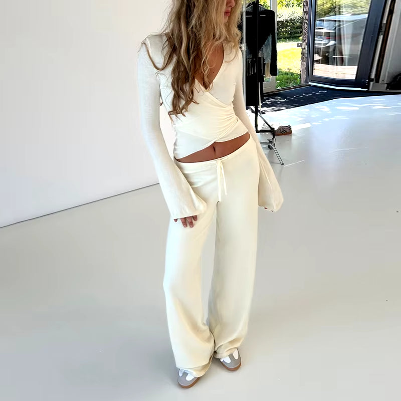 Women Fashion Lounge Set Vintage 2 Piece Outfit V Neck Waist Tie T-Shirt + Elastic Waist Pants Autumn Long Sleeve Crop Tops