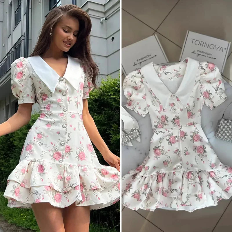 Priya™ Mini sukienka w nadruk z bufkami i falbankami