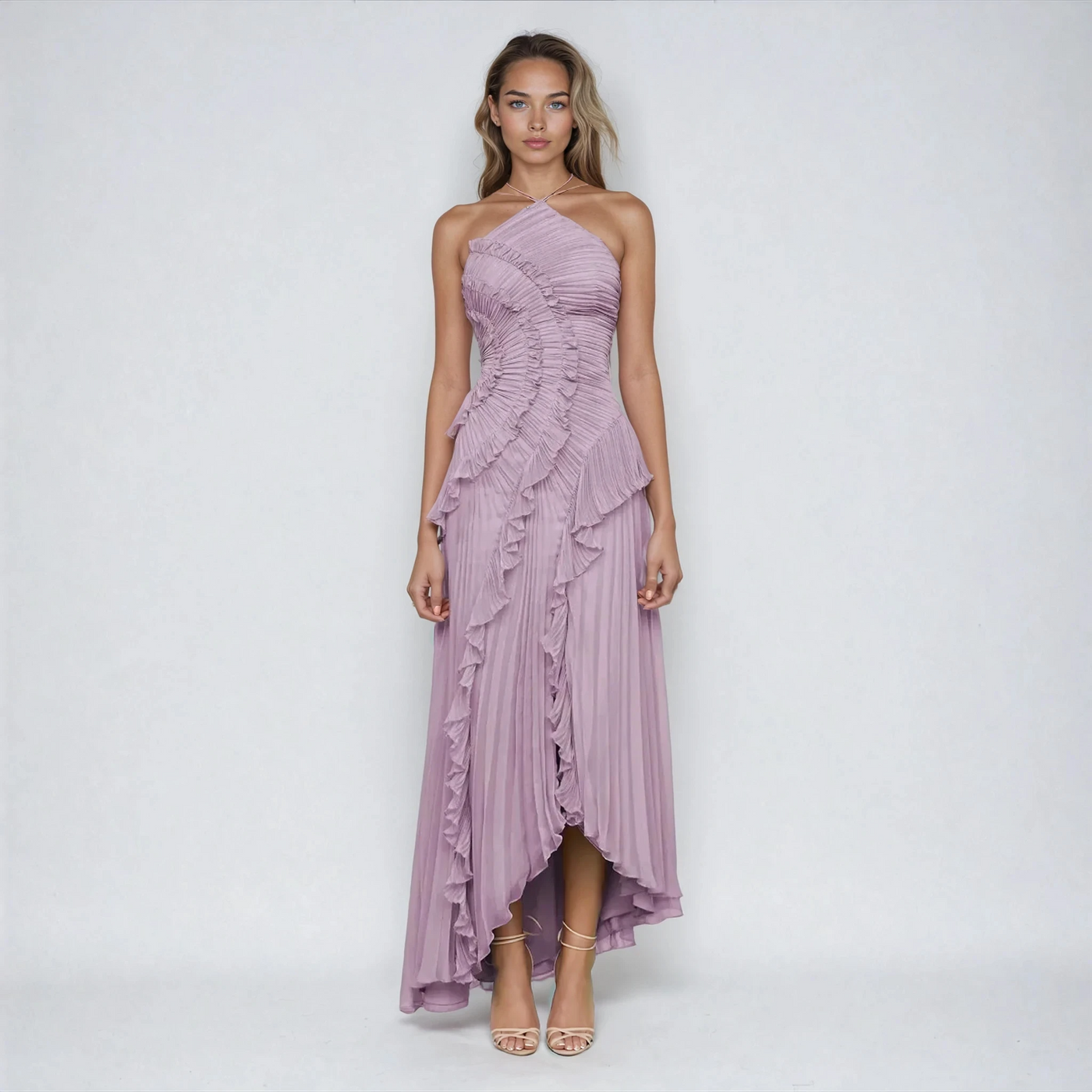 Maraike™  Plisowana Suknia maxi z falbaną i dekoltem Halter
