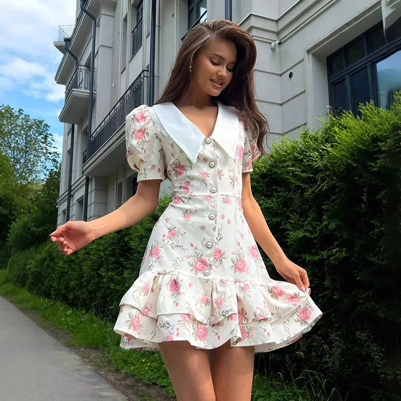 Priya™ Mini sukienka w nadruk z bufkami i falbankami