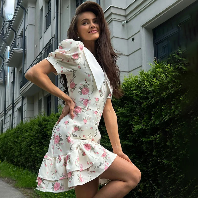 Priya™ Mini sukienka w nadruk z bufkami i falbankami