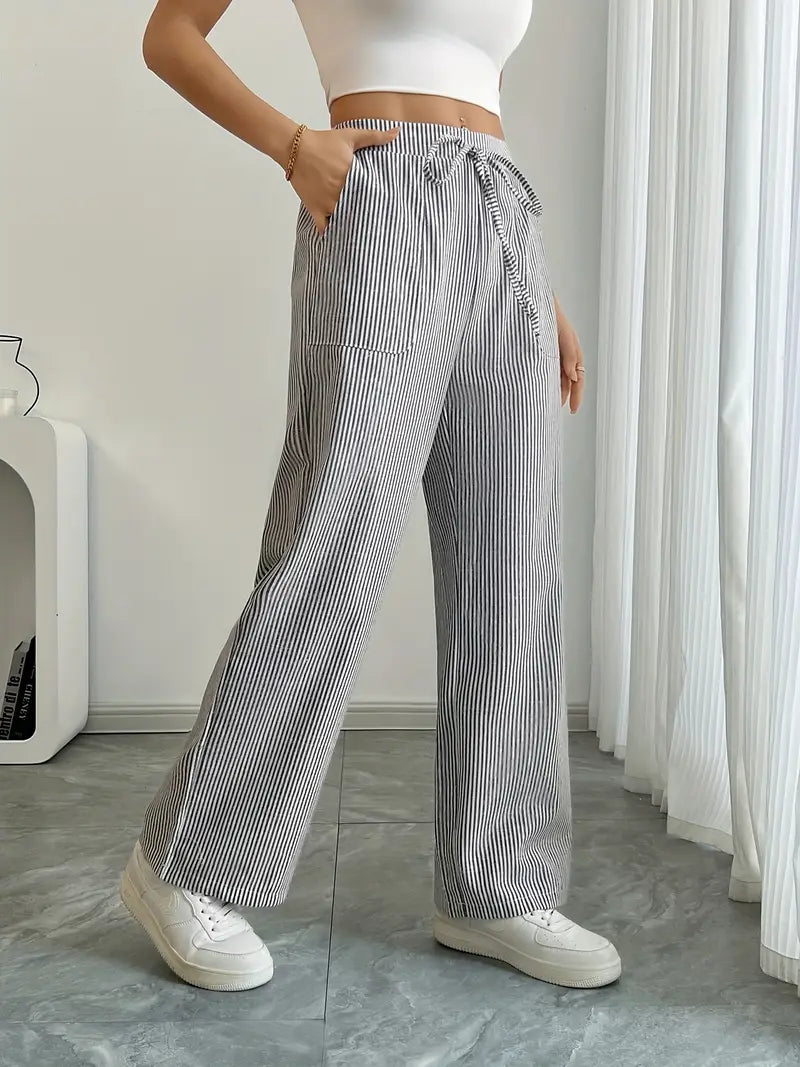 Anna™  Eleganckie Spodnie w Paski z Kieszeniami