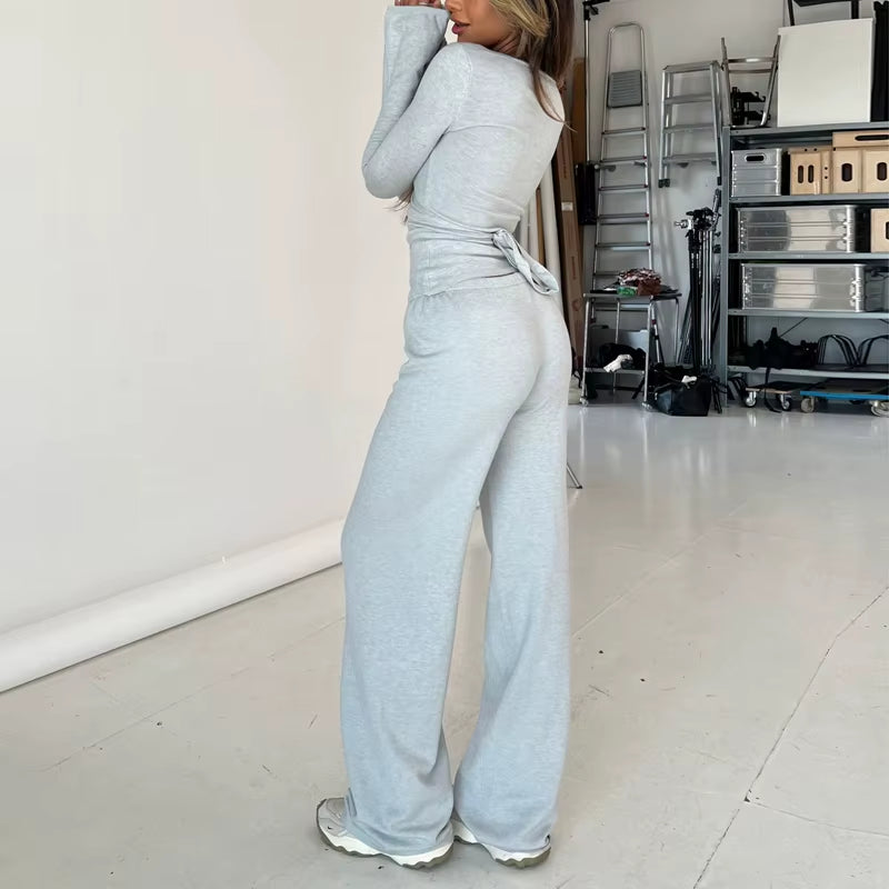 Women Fashion Lounge Set Vintage 2 Piece Outfit V Neck Waist Tie T-Shirt + Elastic Waist Pants Autumn Long Sleeve Crop Tops